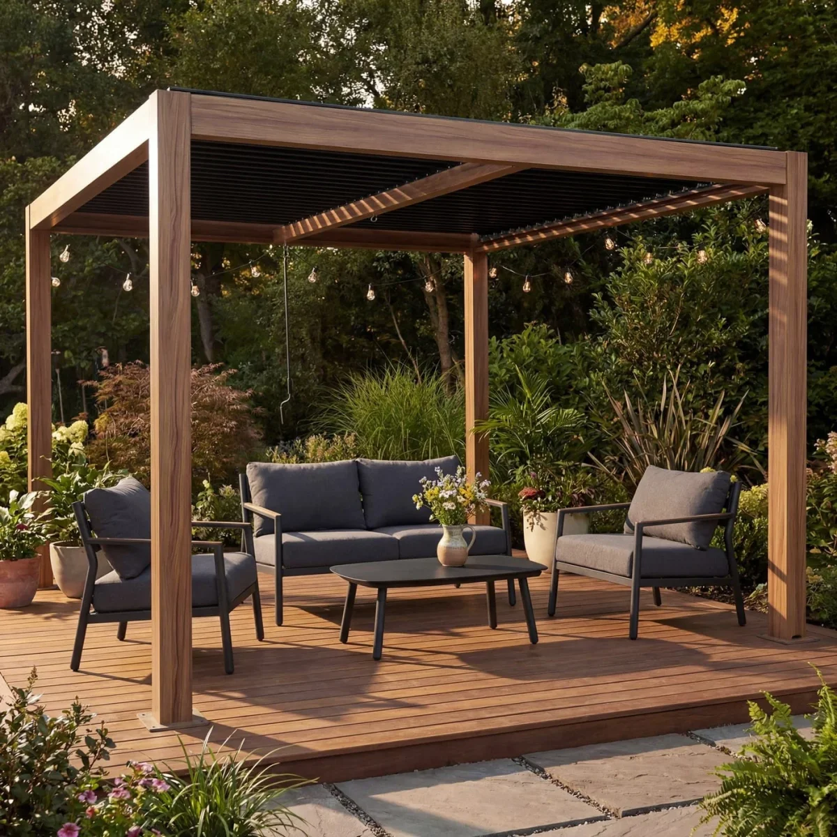 Pergola 3x3m Braun Holz-Optik | Lamellendach Alu-Pavillon – Bild 4