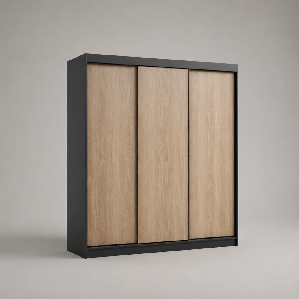 Kleiderschrank aus Spanplatte mit 3 Schiebetüren, Eiche hell/Anthrazit, 180 × 60 × 210 cm – Bild 2