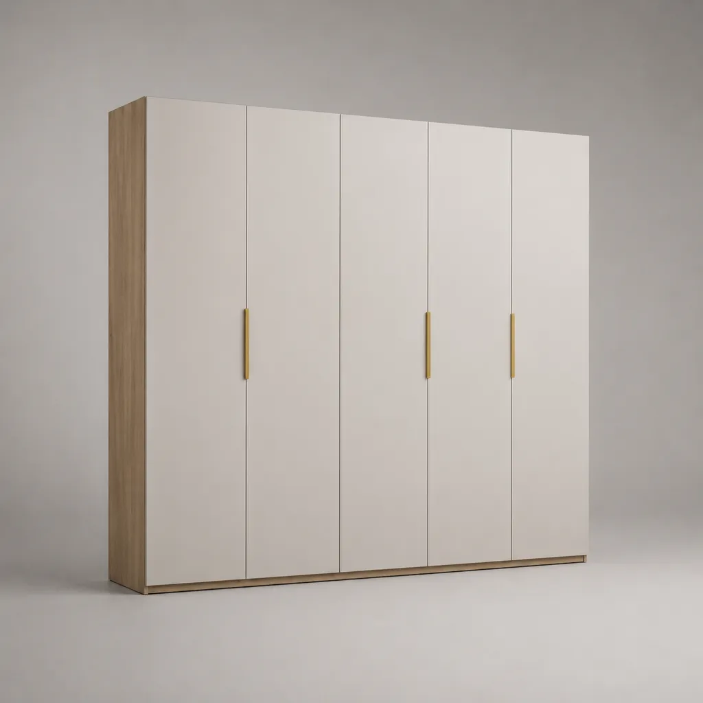 Kleiderschrank mit 5 Drehtüren aus melaminharzbeschichteter Spanplatte, Weiß/Eichefarben/Goldfarben, 250 × 60 × 220 cm – Bild 2