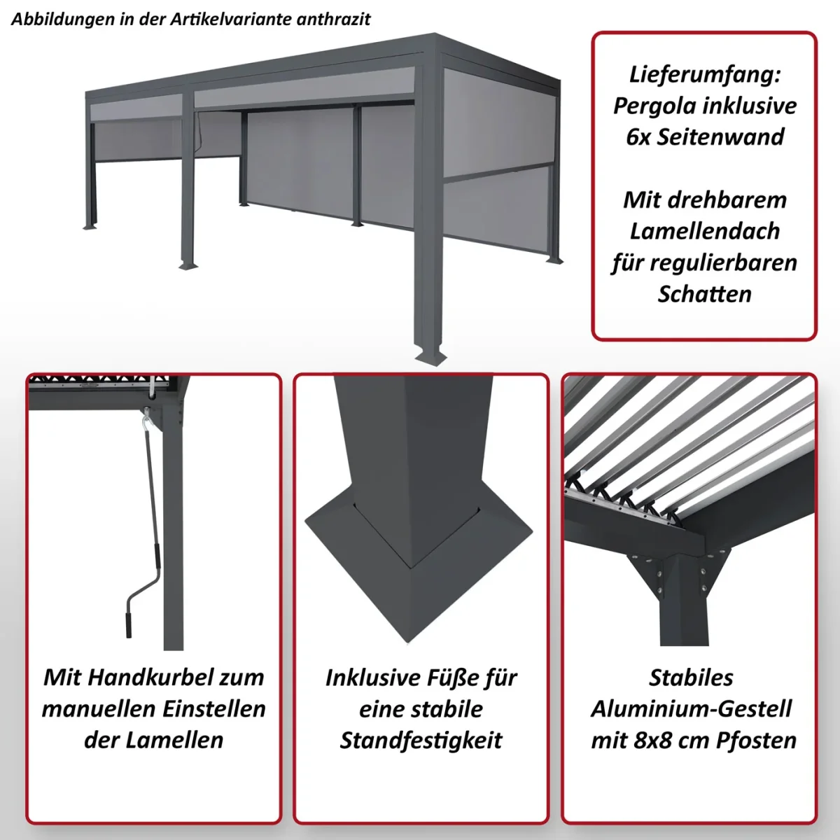 Alu Pergola 3x6m Weiß mit 6 Seitenwänden - Verstellbares Lamellendach – Bild 4