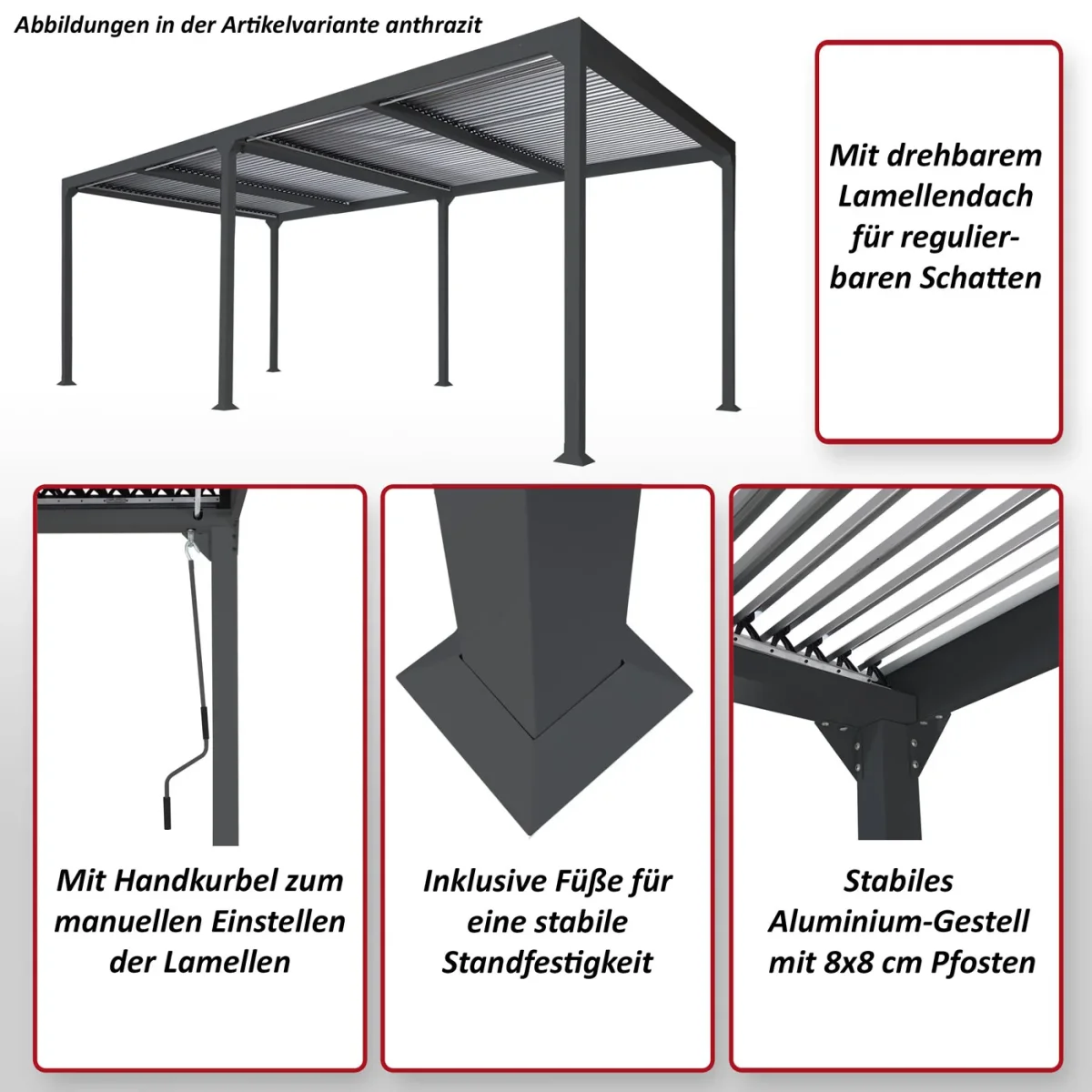 Alu Pergola 3x6m Terrassenüberdachung mit verstellbarem Lamellendach Weiß – Bild 4