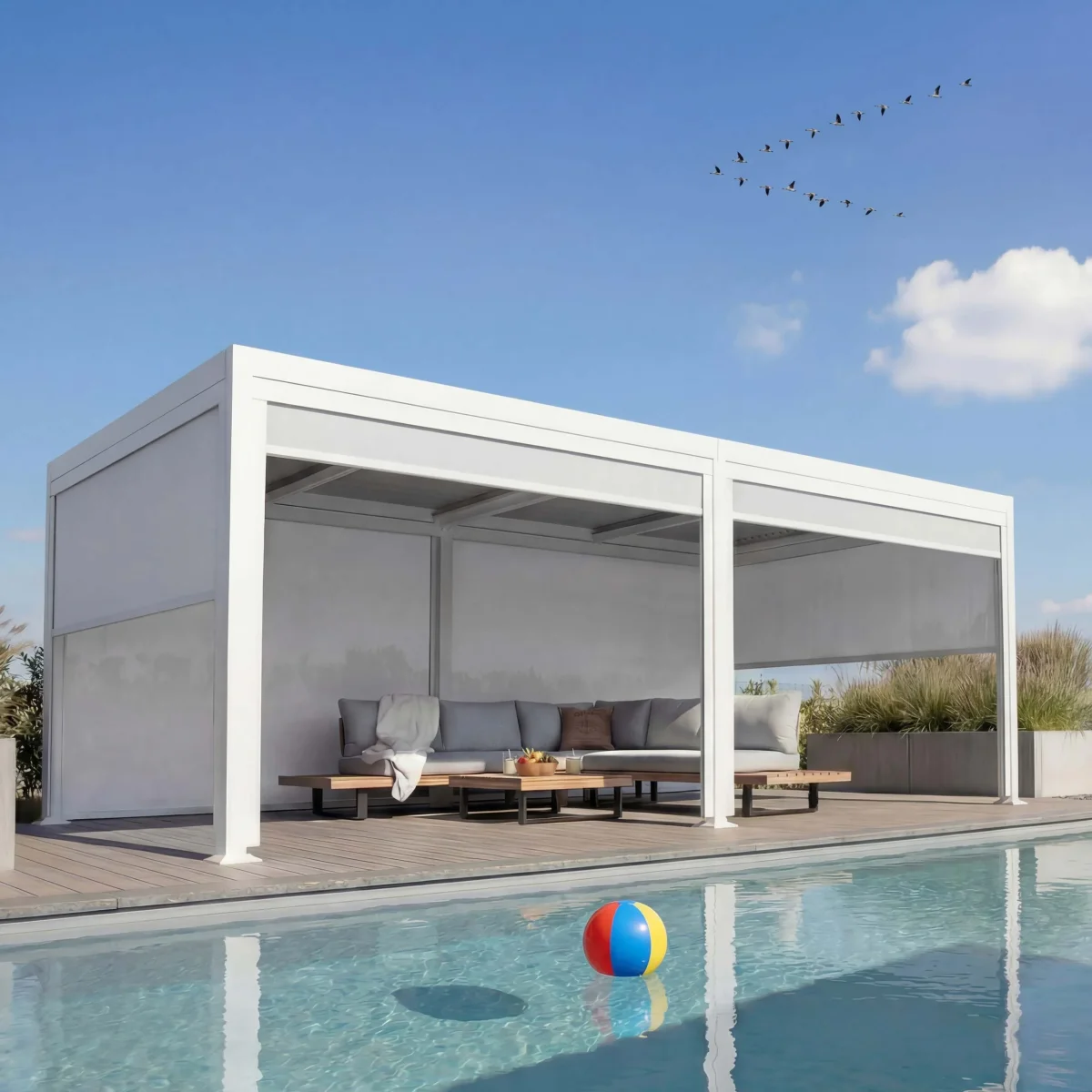 Alu Pergola 3x6m Weiß mit 6 Seitenwänden - Verstellbares Lamellendach – Bild 3