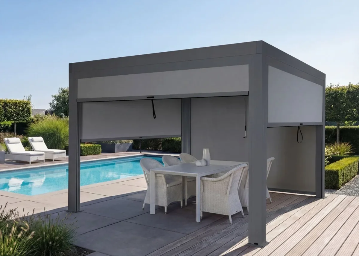 Alu Pergola 3x4m mit Seitenwänden Anthrazit – Wetterfester Gartenpavillon mit Lamellendach & Kurbelantrieb – Bild 5
