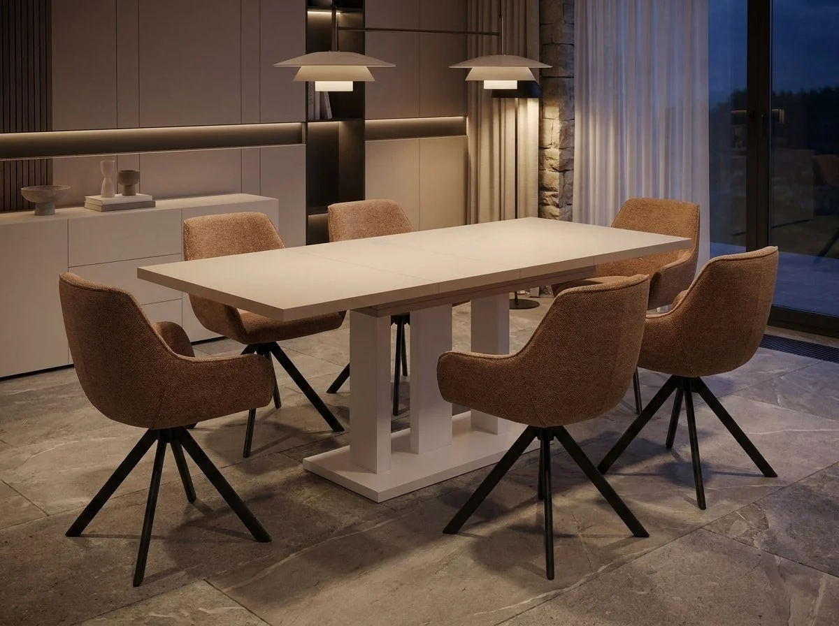 Essgruppe Appia White - Kaschmir-Beige mit 6 Stühlen in Chenille Orange für 6 Personen