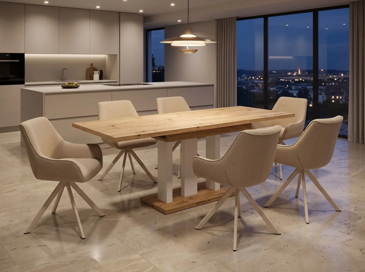 Essgruppe Appia White - Eiche Artisan mit 6 Stühlen in Leinen Beige mit beigem Gestell für 6 Personen – Bild 2