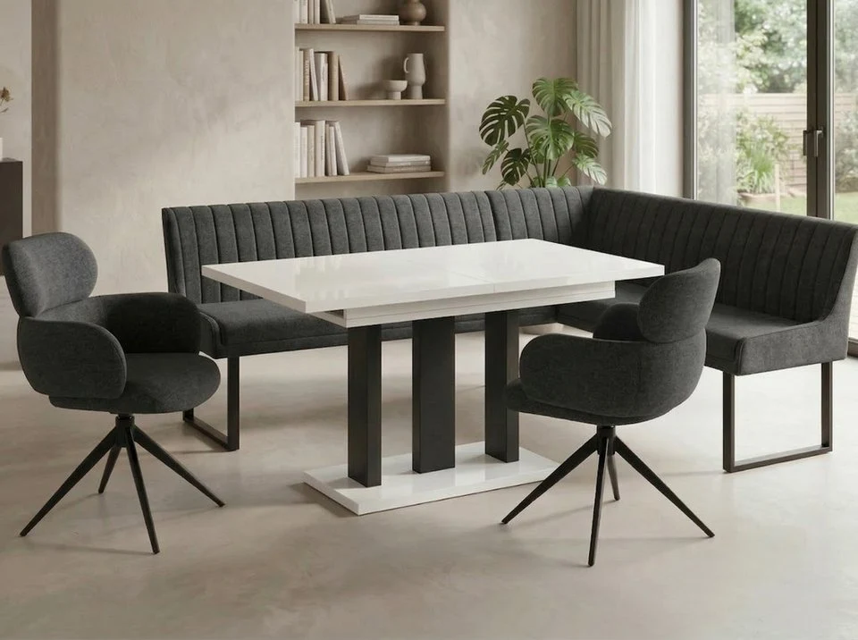 Eckbankgruppe Appia - Kaschmir / Beige mit 2 Drehstühlen in Anthrazit - Lange Seite links, Rücken Variante 2 – Bild 2